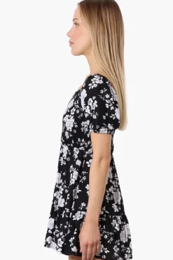 Beechers Brook Floral Puff Sleeve Smocked Day Dress - Black