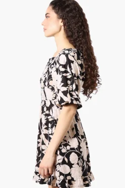 Beechers Brook Floral Puff Sleeve Smocked Day Dress - Black