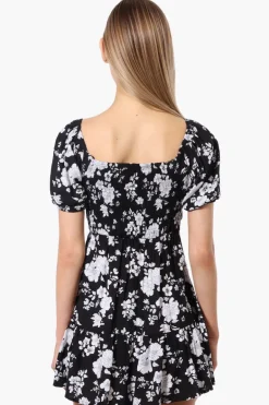 Beechers Brook Floral Puff Sleeve Smocked Day Dress - Black
