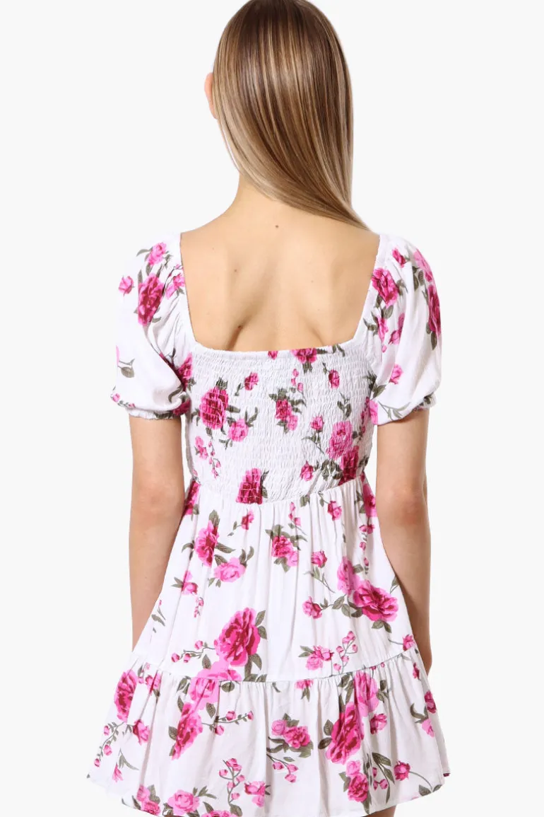 Beechers Brook Floral Puff Sleeve Smocked Day Dress - White