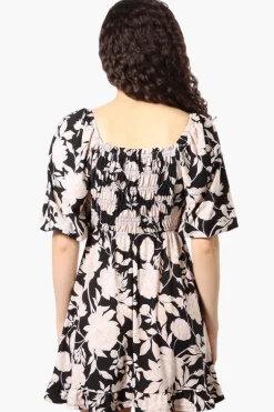 Beechers Brook Floral Puff Sleeve Smocked Day Dress - Black