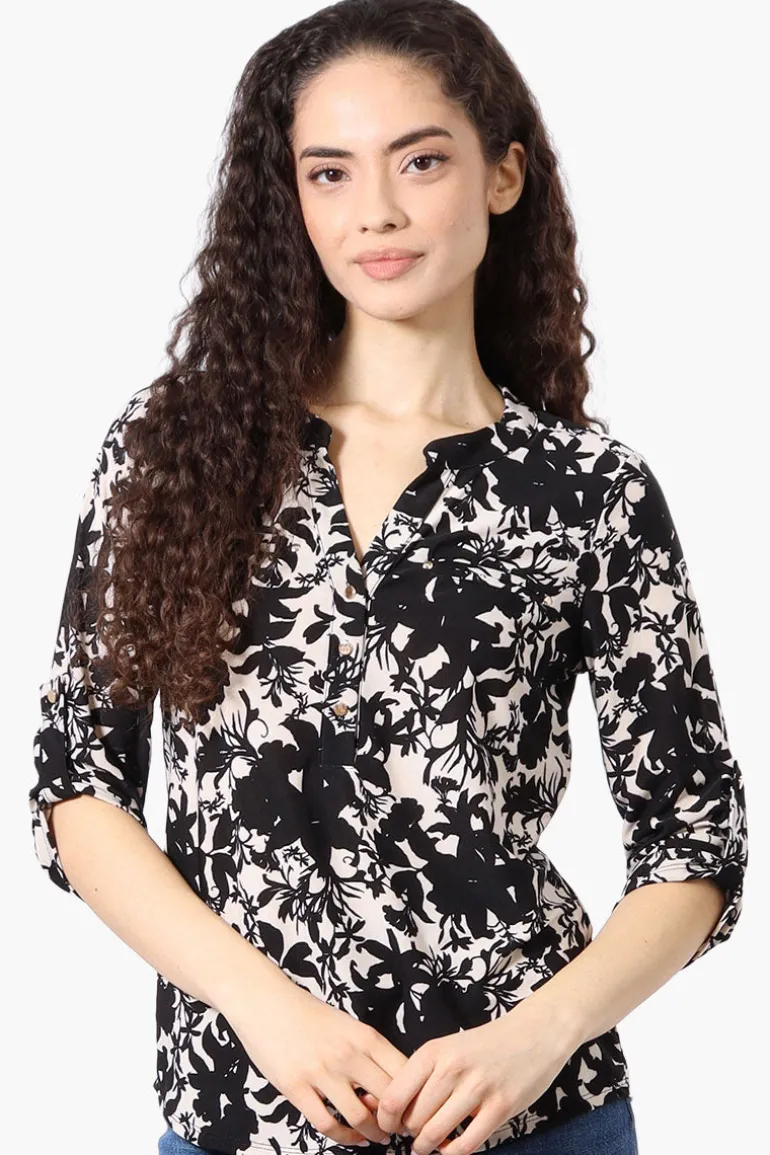 Beechers Brook Floral Roll Up Sleeve Henley Shirt - Cream