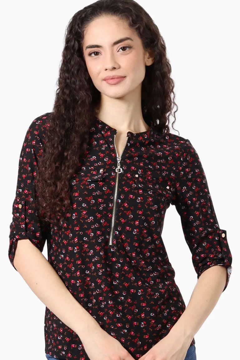 Beechers Brook Floral Roll Up Sleeve Half Zip Shirt - Black