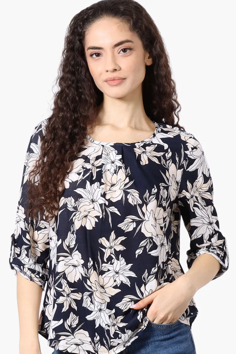 Beechers Brook Floral Roll Up Sleeve Blouse - Navy