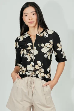 Beechers Brook Floral Roll Up Sleeve Half Zip Blouse - Black
