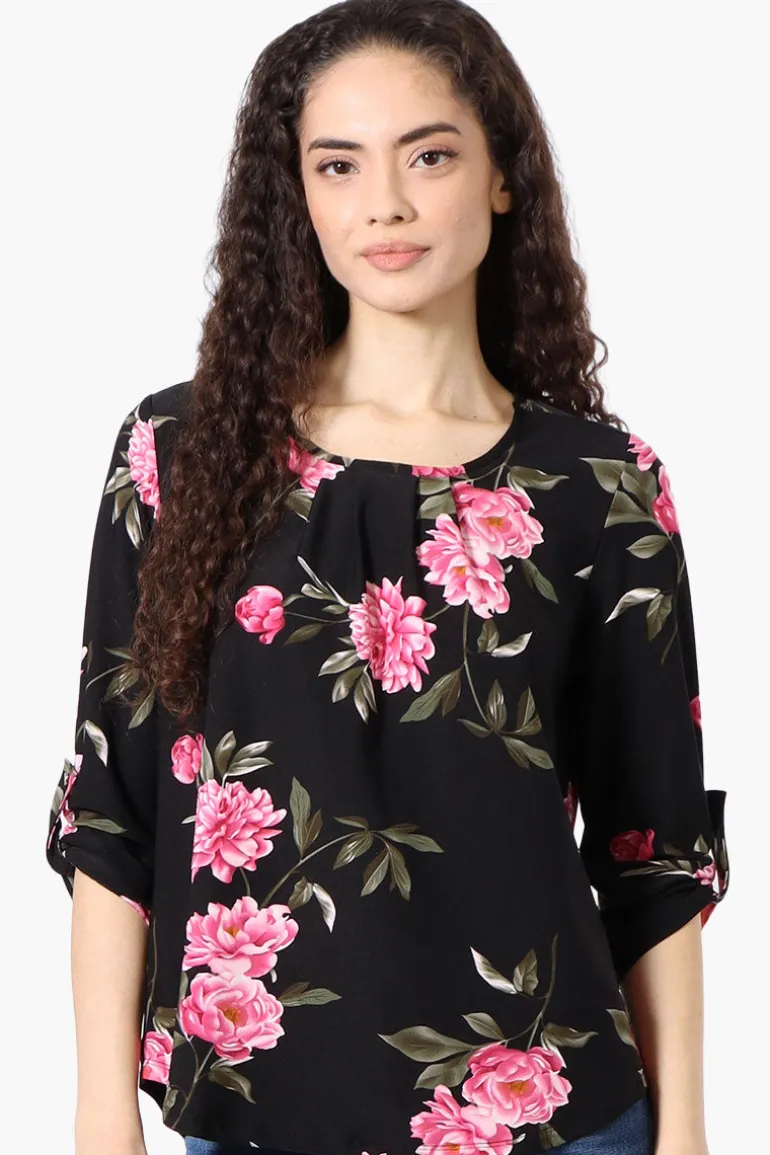 Beechers Brook Floral Roll Up Sleeve Blouse - Black