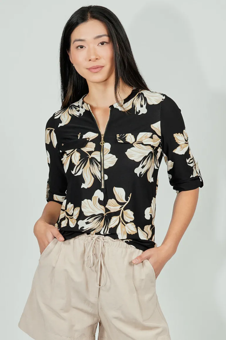 Beechers Brook Floral Roll Up Sleeve Half Zip Blouse - Black