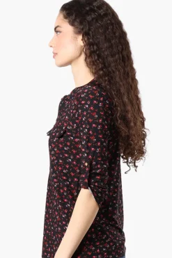 Beechers Brook Floral Roll Up Sleeve Half Zip Shirt - Black