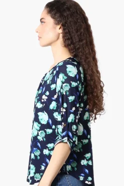 Beechers Brook Floral Roll Up Sleeve Blouse - Navy
