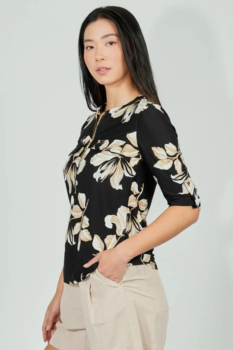 Beechers Brook Floral Roll Up Sleeve Half Zip Blouse - Black
