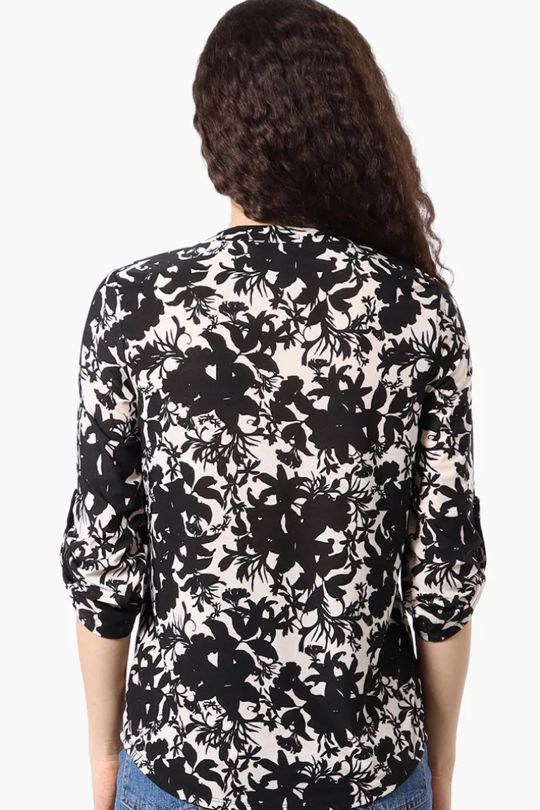 Beechers Brook Floral Roll Up Sleeve Henley Shirt - Cream
