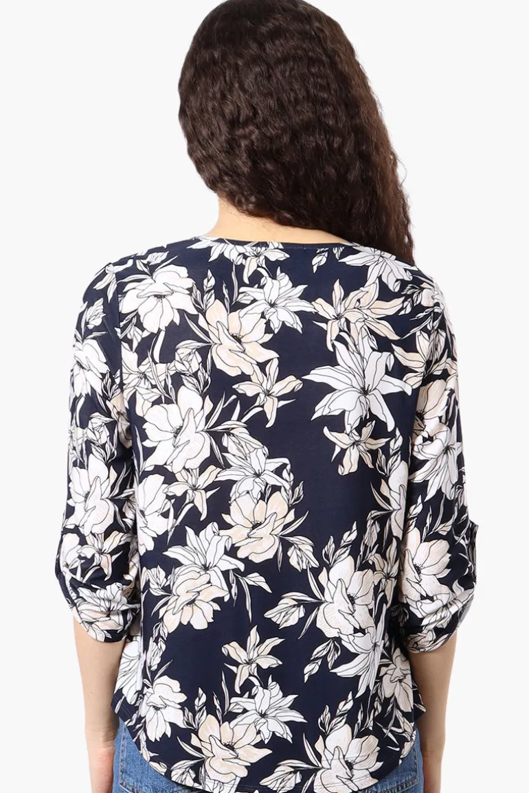 Beechers Brook Floral Roll Up Sleeve Blouse - Navy