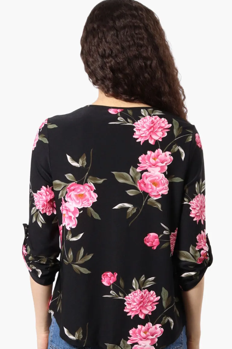 Beechers Brook Floral Roll Up Sleeve Blouse - Black