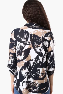 Beechers Brook Floral Roll Up Sleeve Half Zip Blouse - White