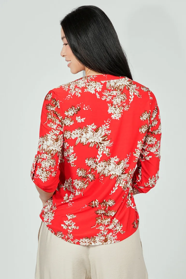 Beechers Brook Floral Roll Up Sleeve Henley Blouse - Red
