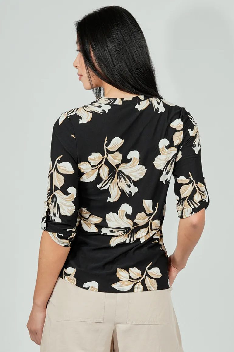 Beechers Brook Floral Roll Up Sleeve Half Zip Blouse - Black