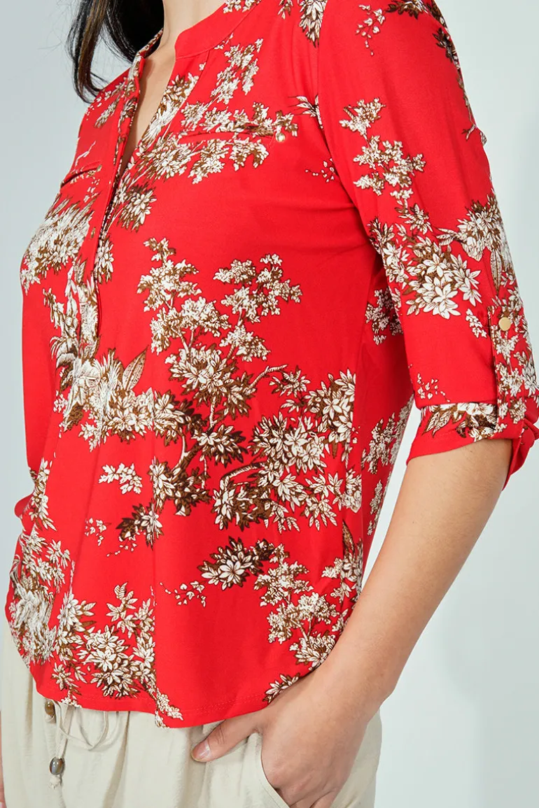 Beechers Brook Floral Roll Up Sleeve Henley Blouse - Red
