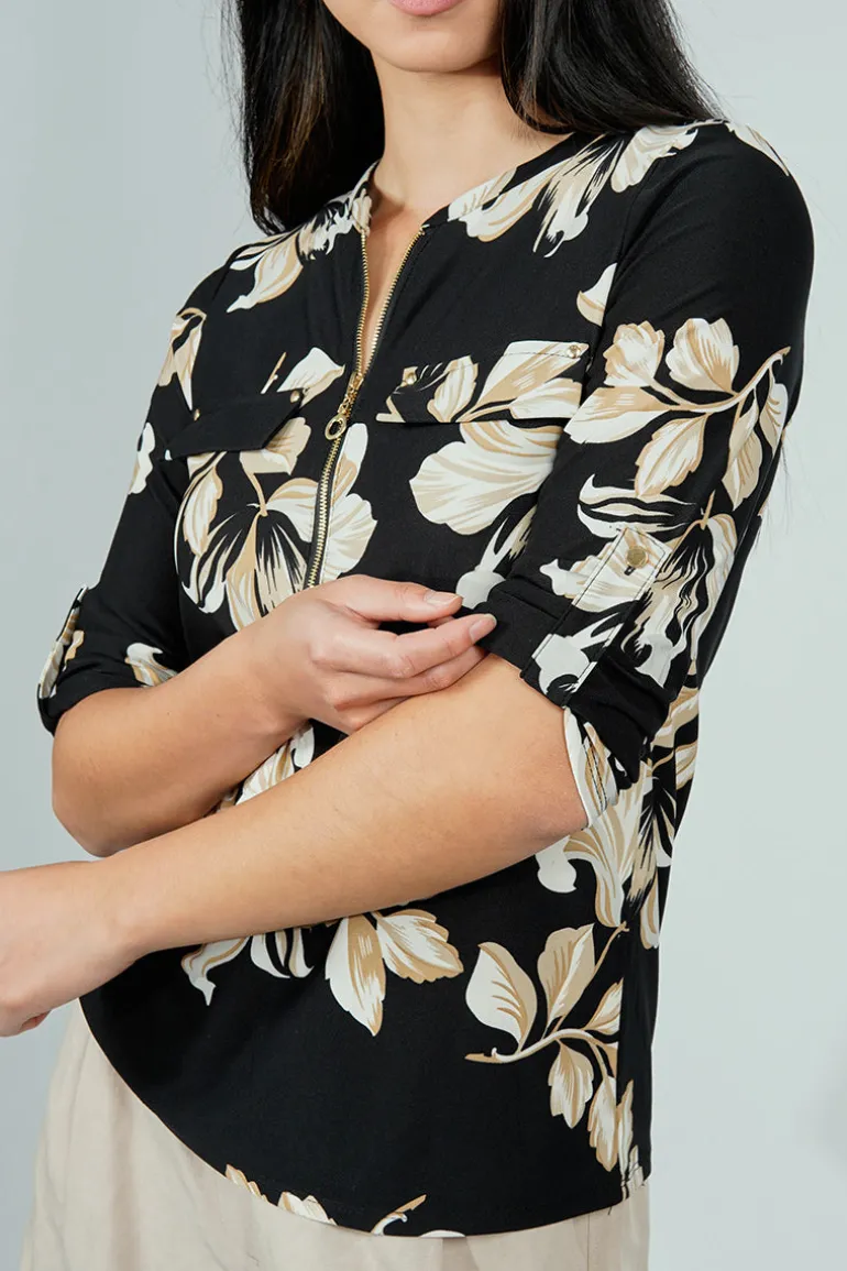 Beechers Brook Floral Roll Up Sleeve Half Zip Blouse - Black