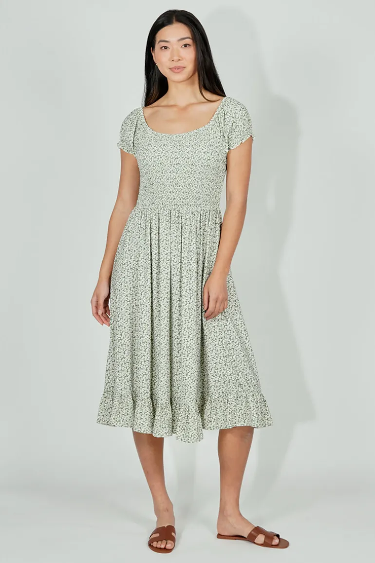 Beechers Brook Floral Short Sleeve Tiered Midi Dress - Olive