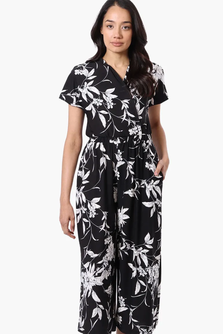 Beechers Brook Floral Short Sleeve Crossover Jumpsuit - Black