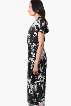 Beechers Brook Floral Short Sleeve Crossover Jumpsuit - Black