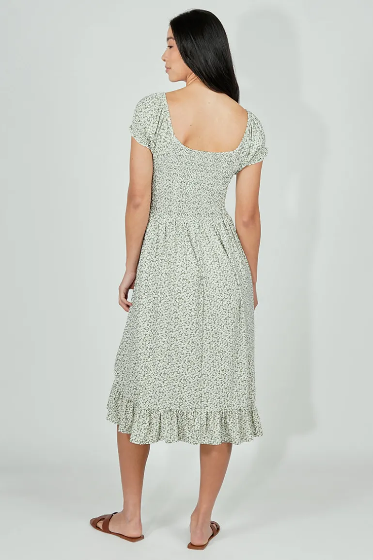 Beechers Brook Floral Short Sleeve Tiered Midi Dress - Olive