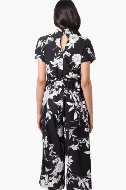 Beechers Brook Floral Short Sleeve Crossover Jumpsuit - Black