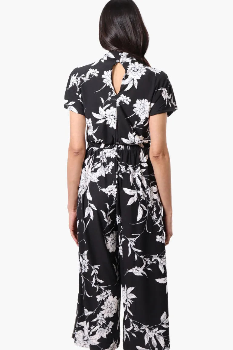 Beechers Brook Floral Short Sleeve Crossover Jumpsuit - Black