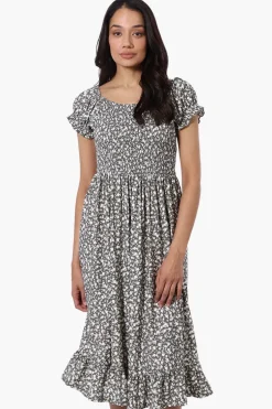 Beechers Brook Floral Smocked Tiered Day Dress - Olive