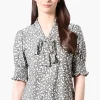 Beechers Brook Floral Tie Neck Smocked Sleeve Blouse - Olive
