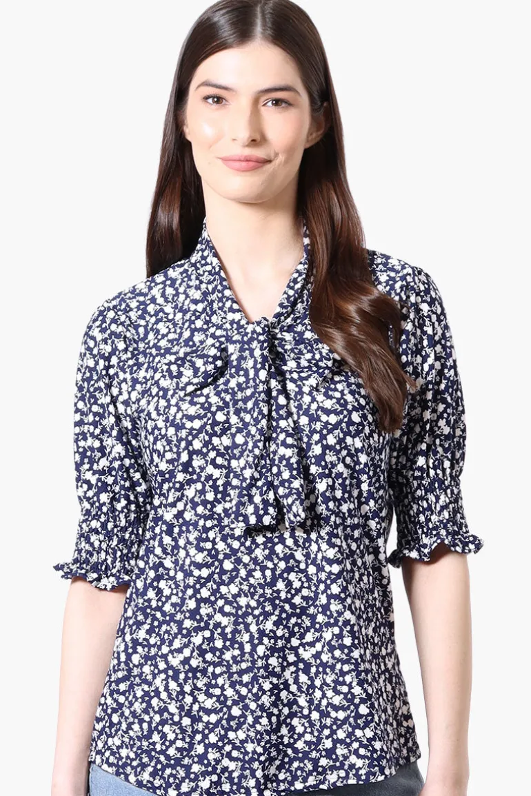 Beechers Brook Floral Tie Neck Smocked Sleeve Blouse - Navy