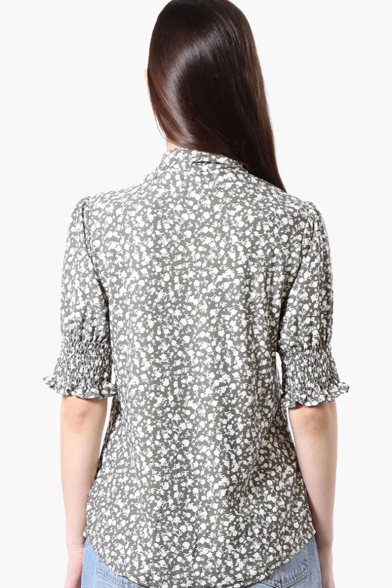 Beechers Brook Floral Tie Neck Smocked Sleeve Blouse - Olive
