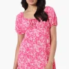 Beechers Brook Floral U Neck Short Sleeve Day Dress - Pink