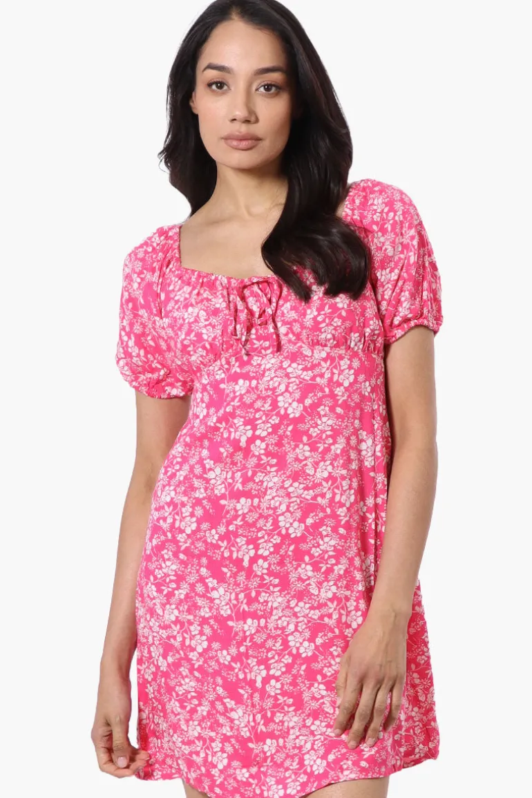 Beechers Brook Floral U Neck Short Sleeve Day Dress - Pink