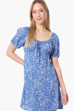 Beechers Brook Floral U Neck Short Sleeve Day Dress - Blue