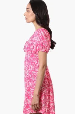 Beechers Brook Floral U Neck Short Sleeve Day Dress - Pink