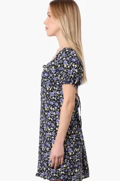 Beechers Brook Floral U Neck Short Sleeve Day Dress - Black