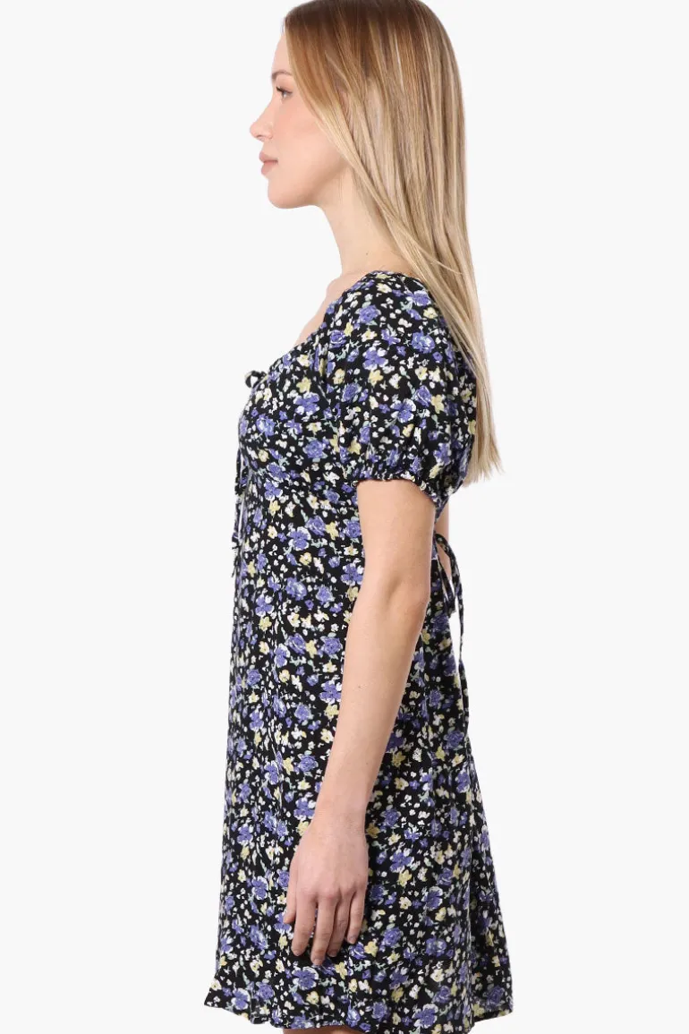 Beechers Brook Floral U Neck Short Sleeve Day Dress - Black