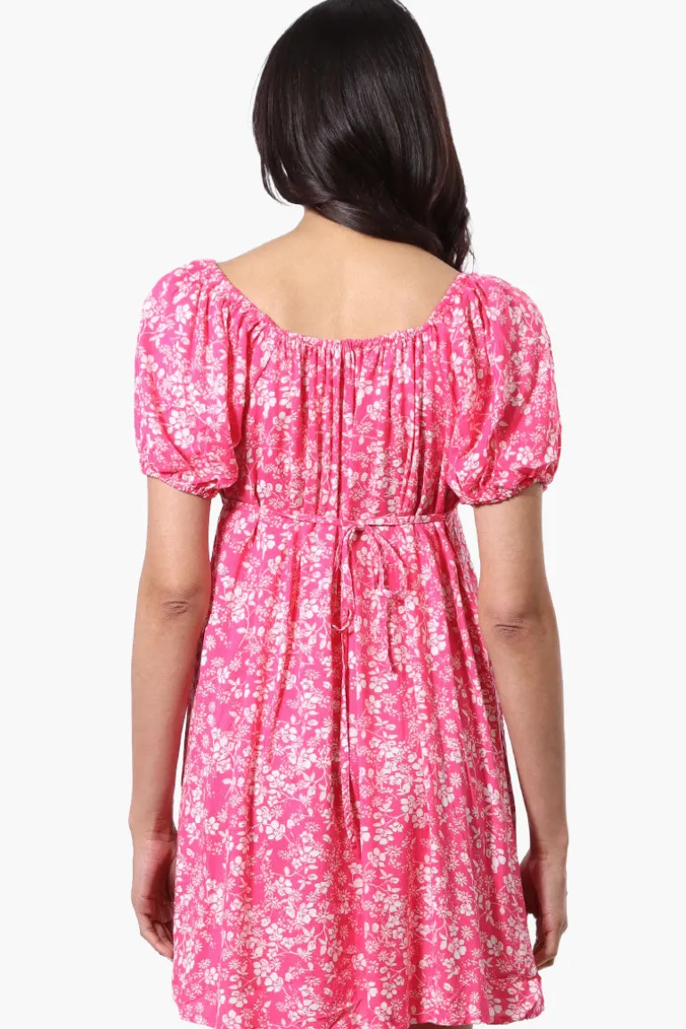 Beechers Brook Floral U Neck Short Sleeve Day Dress - Pink