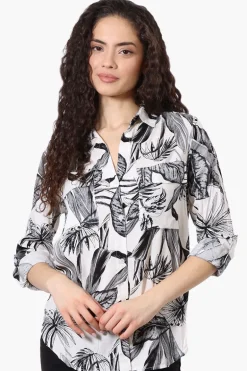 Beechers Brook Leaf Pattern Roll Up Sleeve Blouse - White
