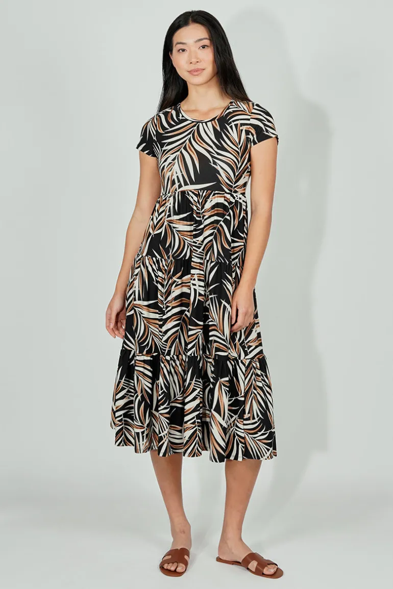 Beechers Brook Leaf Print Short Sleeve Tiered Midi Dress - Black