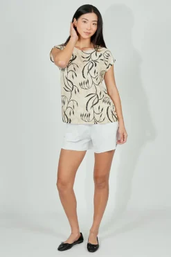 Beechers Brook Leaf Print Circle Neck Tee - Cream