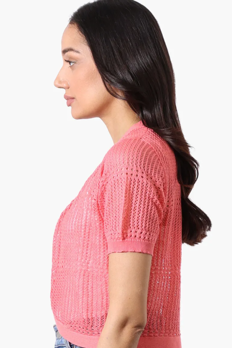 Beechers Brook Open Crochet Shrug Cardigan - Pink