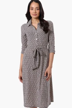 Beechers Brook Patterned Belted 3/4 Sleeve Midi Dress - Black
