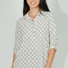 Beechers Brook Patterned Button Down Roll Up Sleeve Blouse - White