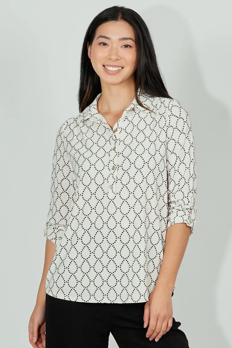Beechers Brook Patterned Button Down Roll Up Sleeve Blouse - White
