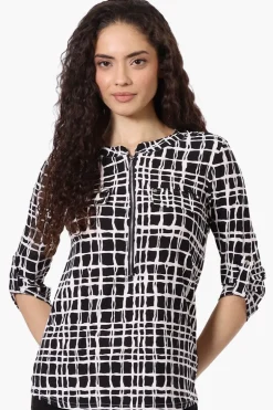 Beechers Brook Patterned Half Zip Roll Up Sleeve Shirt - Black