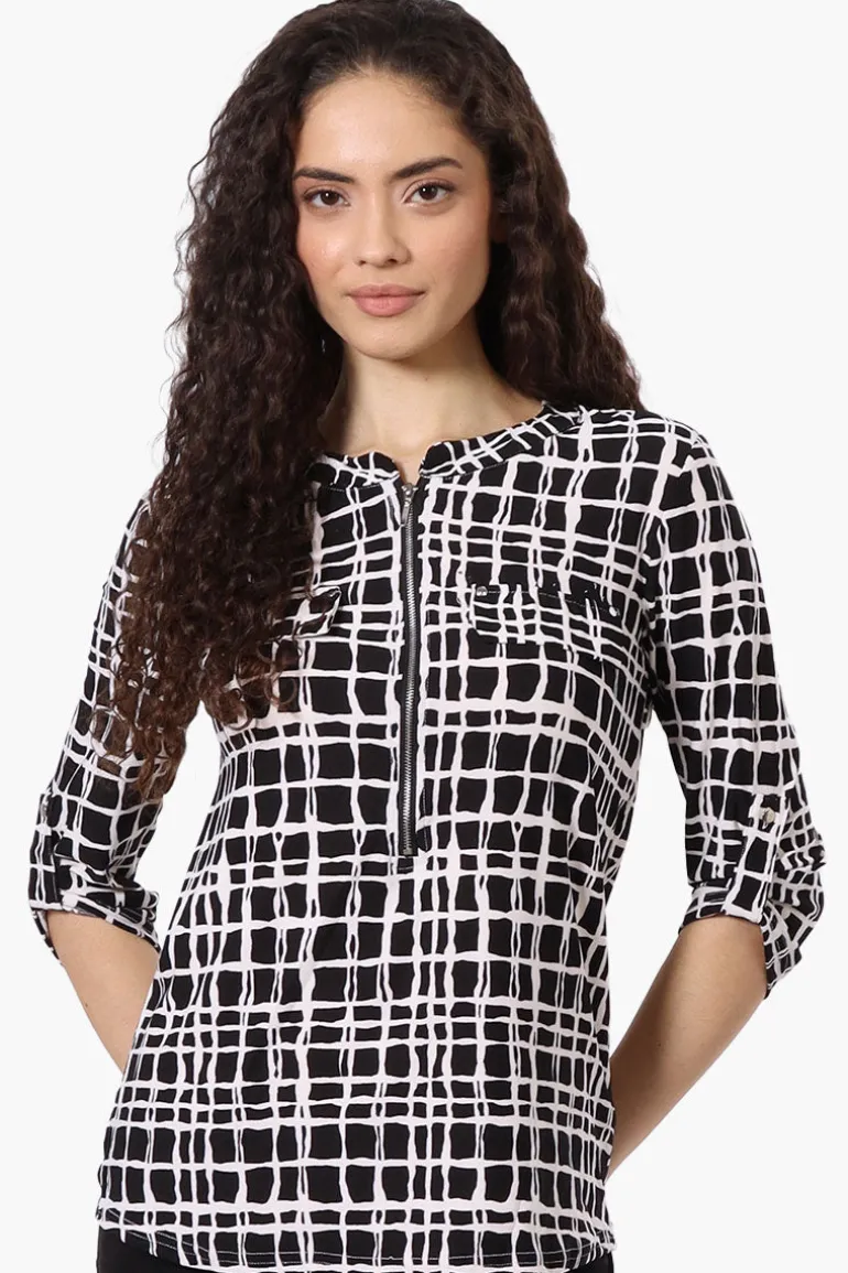 Beechers Brook Patterned Half Zip Roll Up Sleeve Shirt - Black