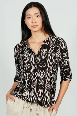 Beechers Brook Patterned Roll Up Sleeve Henley Blouse - Black