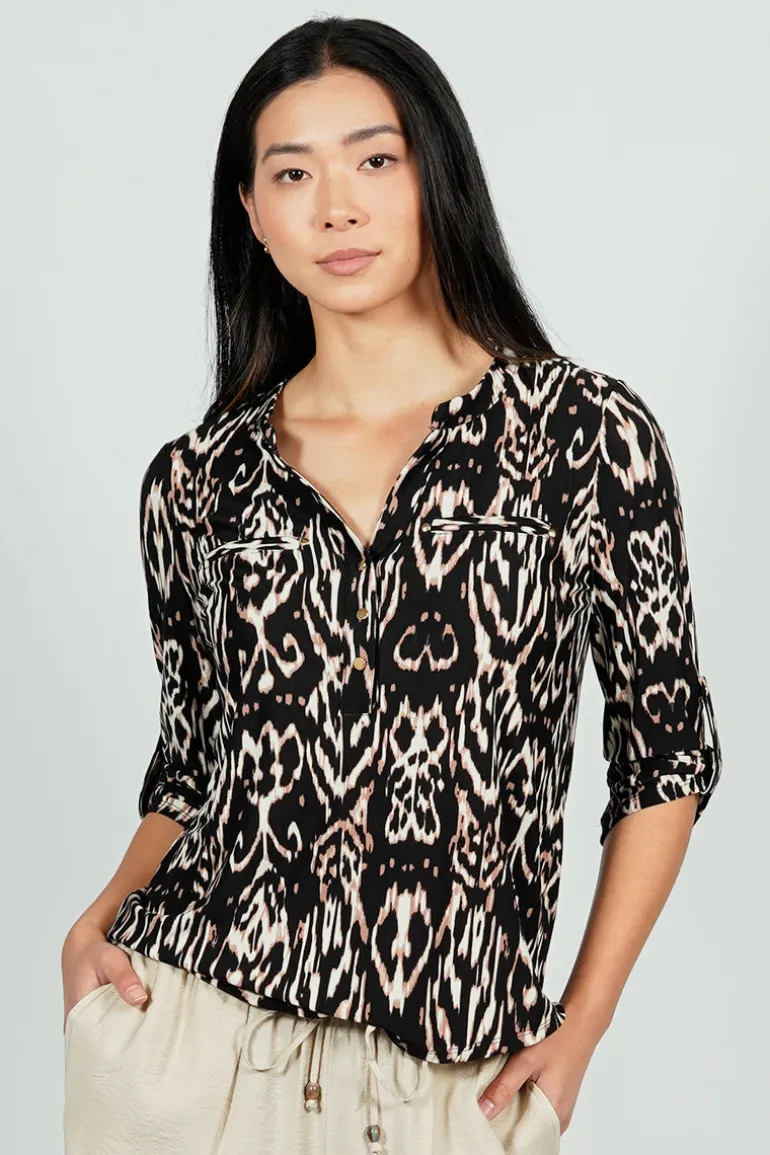 Beechers Brook Patterned Roll Up Sleeve Henley Blouse - Black